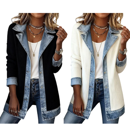 Abrigo elegante de punto acanalado para mujer con paneles de denim