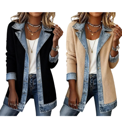 Abrigo elegante de punto acanalado para mujer con paneles de denim