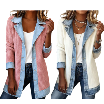 Abrigo elegante de punto acanalado para mujer con paneles de denim