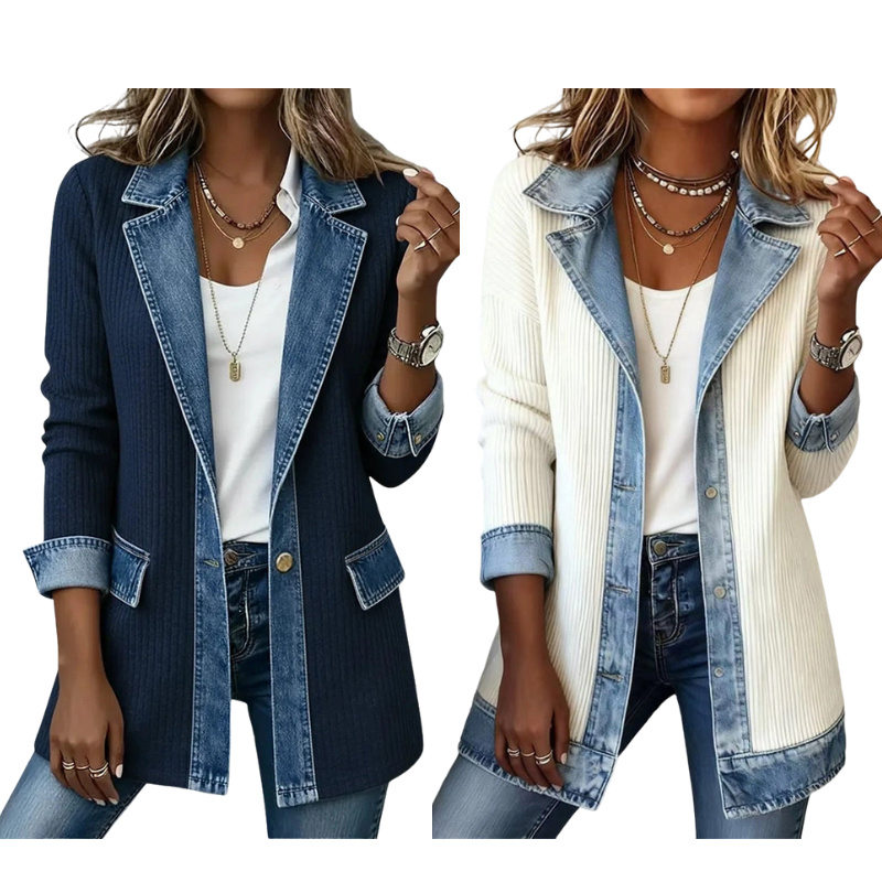Abrigo elegante de punto acanalado para mujer con paneles de denim