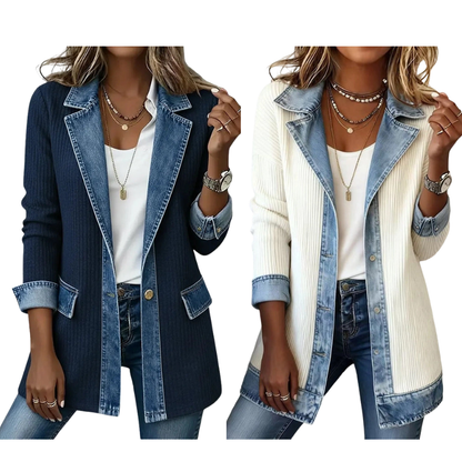 Abrigo elegante de punto acanalado para mujer con paneles de denim