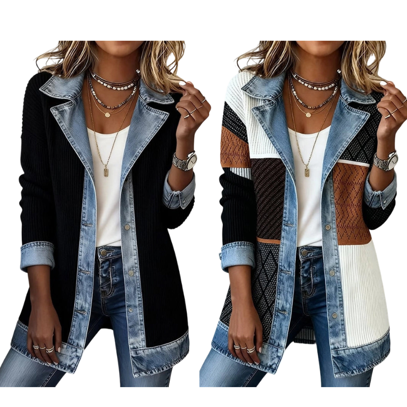 Abrigo elegante de punto acanalado para mujer con paneles de denim