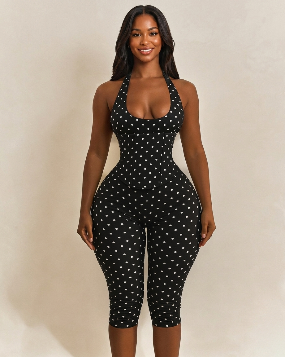 Conjunto Mono Capri de Lunares con Corsé Moldeador – Efecto Reloj de Arena