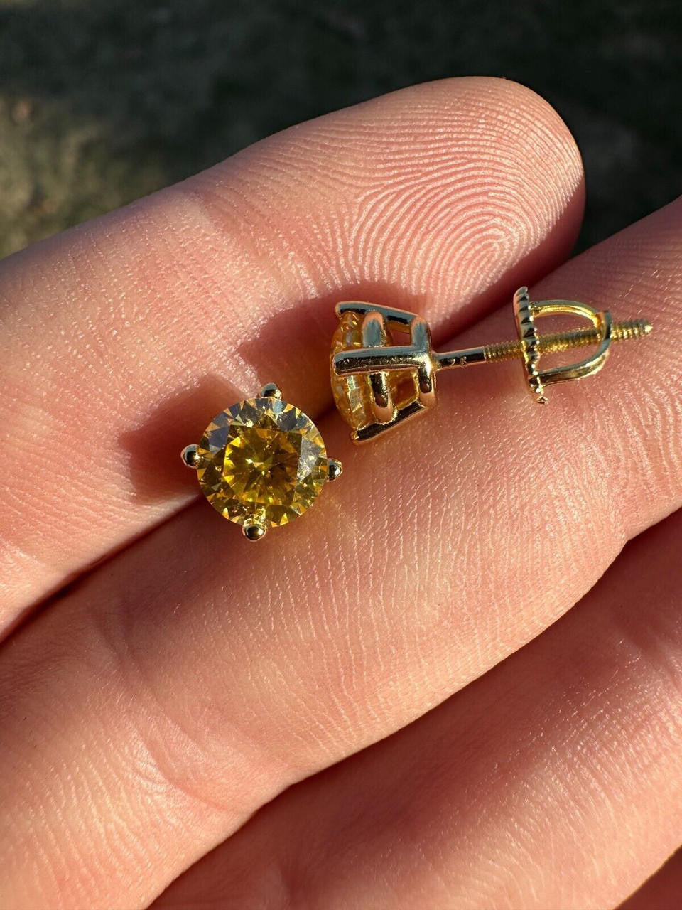Canary Yellow MOISSANITE Solitaire Stud Earrings - 14k Gold Vermeil 925 Silver - 3mm-8mm - 0.2-4ct