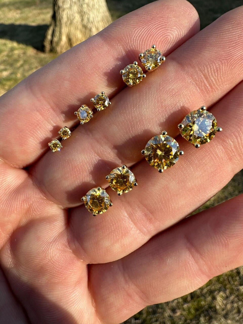 Canary Yellow MOISSANITE Solitaire Stud Earrings - 14k Gold Vermeil 925 Silver - 3mm-8mm - 0.2-4ct