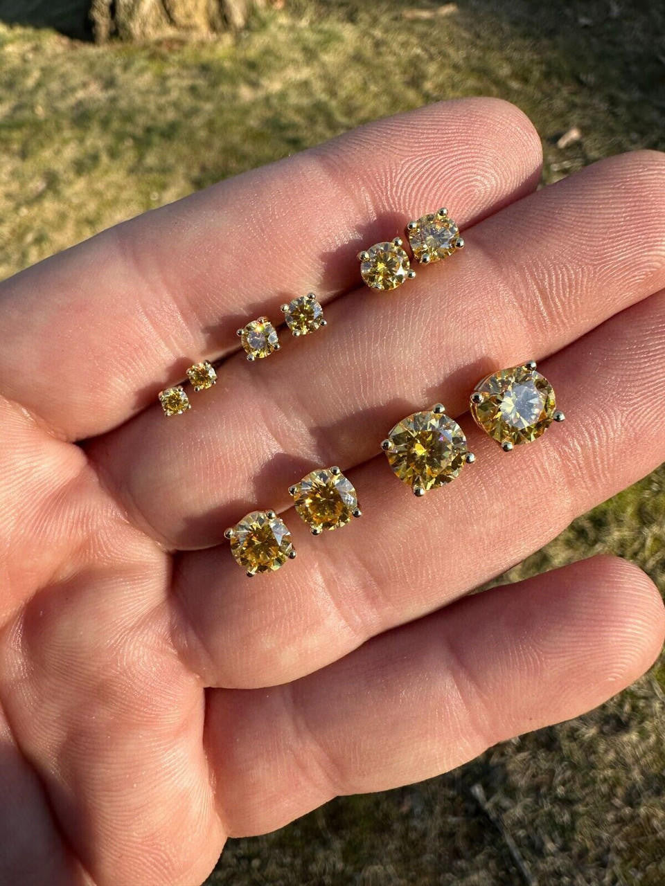 Canary Yellow MOISSANITE Solitaire Stud Earrings - 14k Gold Vermeil 925 Silver - 3mm-8mm - 0.2-4ct