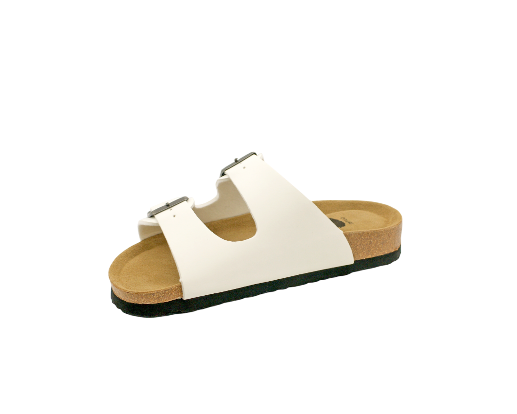 Sandalia de dos hebillas para mujer en color blanco, detalle de la plantilla de piel serraje