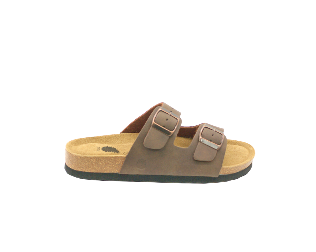 Sandalia de dos hebillas para mujer en color marrón, vista lateral