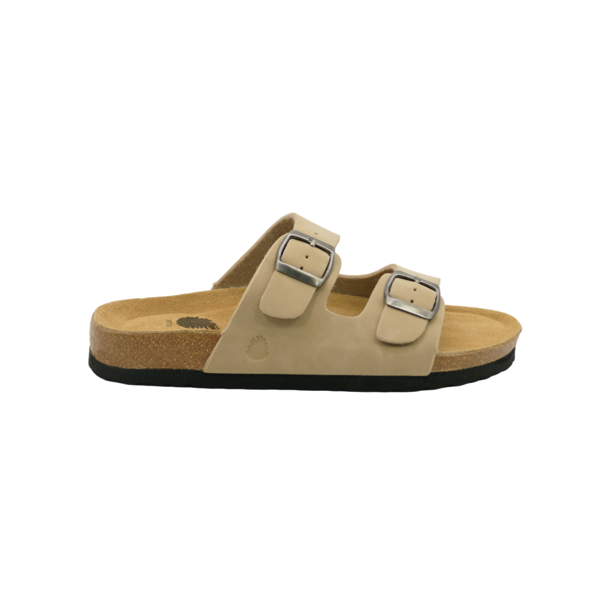 Sandalia de dos hebillas para mujer en color beige, detalle del talón trasero
