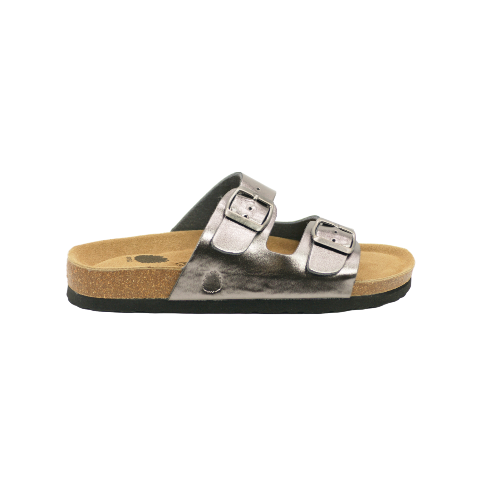 Sandalia de dos hebillas para mujer en color plomo, vista lateral