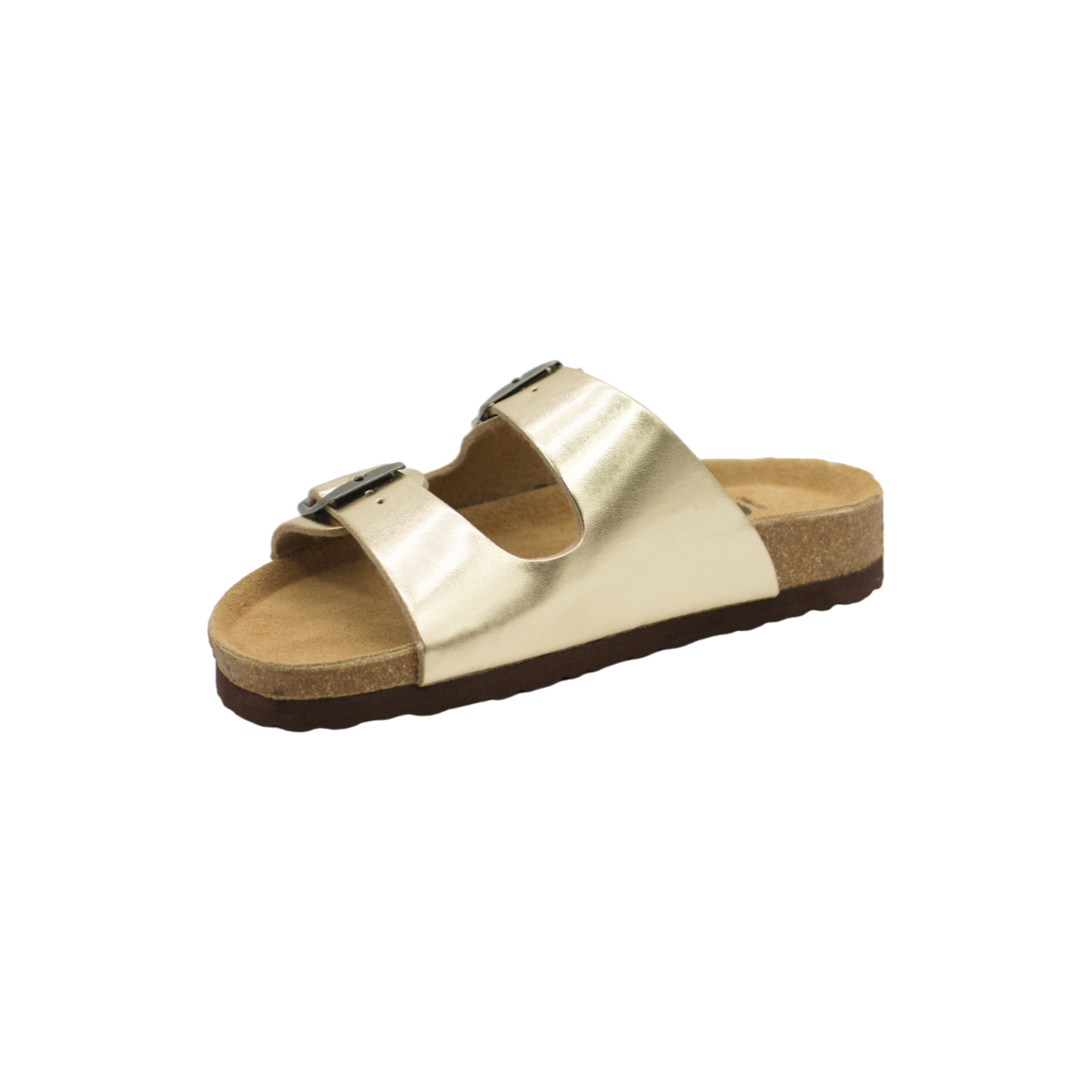 Sandalia de dos hebillas para mujer en color dorado, vista frontal