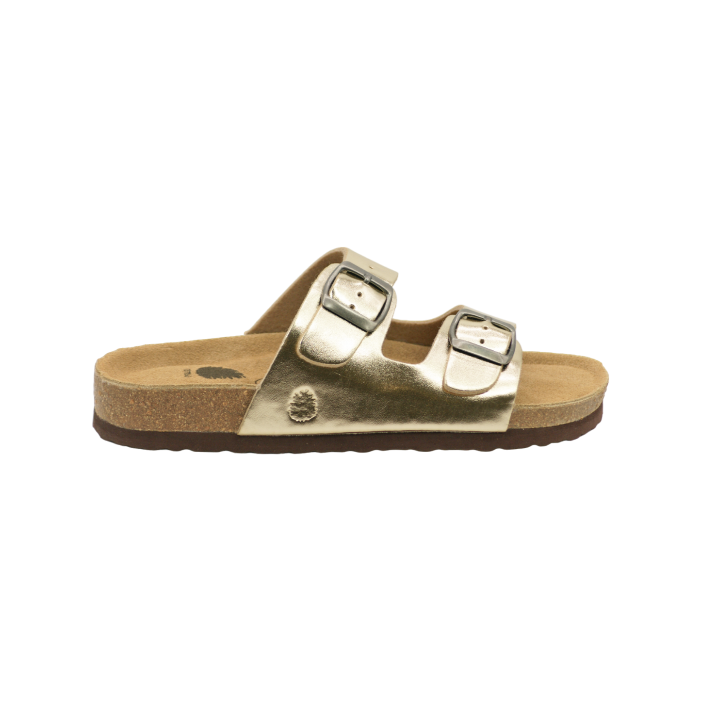 Sandalia de dos hebillas para mujer en color dorado, vista lateral