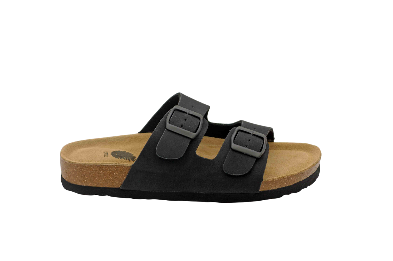 Sandalia de dos hebillas para mujer en color negro, vista lateral