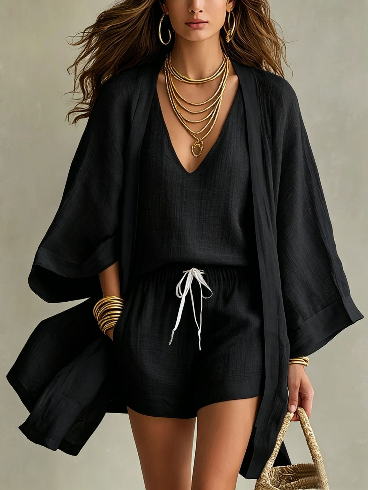 White Loose Cardigan And Drawstring Shorts Three-piece Set