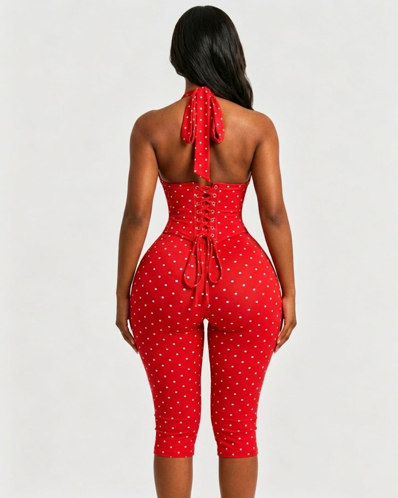 Conjunto Mono Capri de Lunares con Corsé Moldeador – Efecto Reloj de Arena