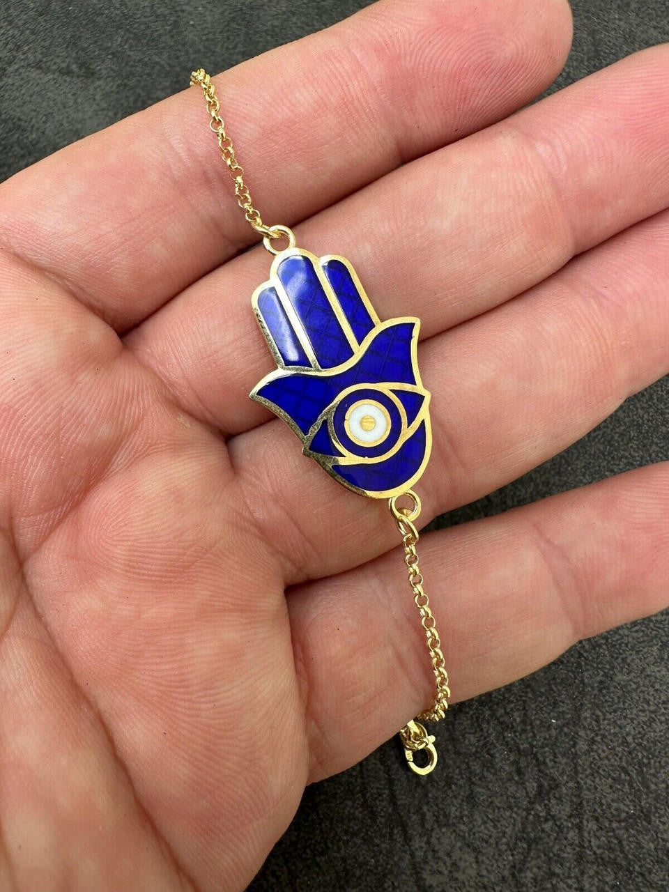 Hamsa Hand Bracelet Solid Real  925 Silver 14k Gold Plated Blue Enamel Evil Eye