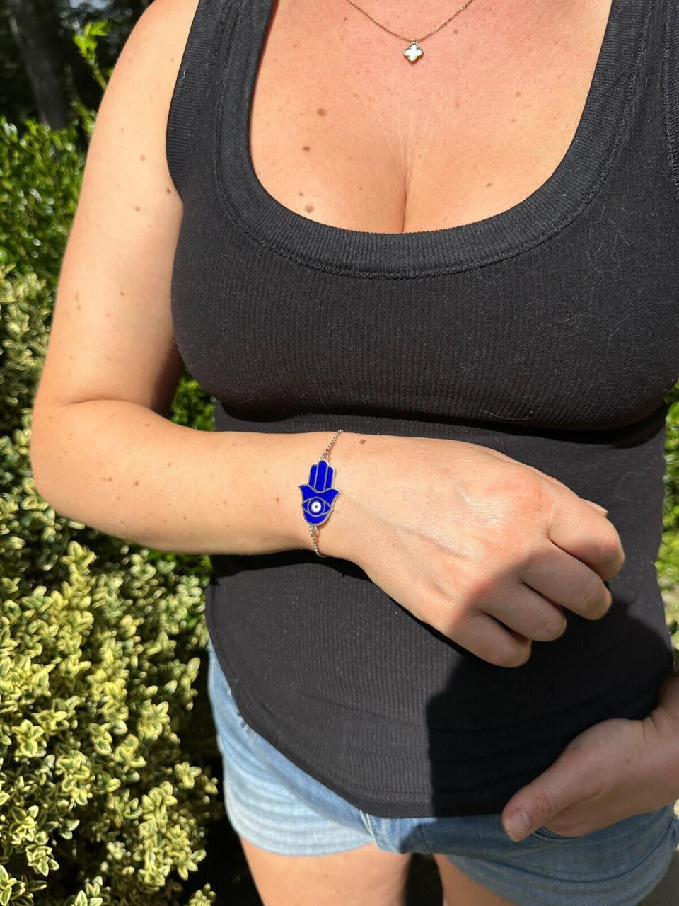 Hamsa Hand Bracelet Solid Real  925 Silver Blue Enamel Evil Eye Charm Adjustable