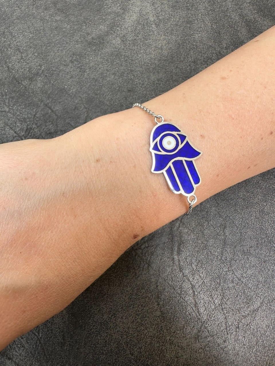 Hamsa Hand Bracelet Solid Real  925 Silver Blue Enamel Evil Eye Charm Adjustable