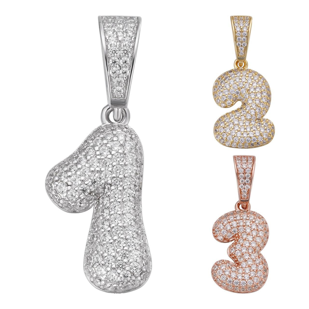 0-9 Bubble Numbers Iced Out Pendant - 14k Yellow/Rose Gold Vermeil Or 925 Silver - CZ Stones - Small 1"