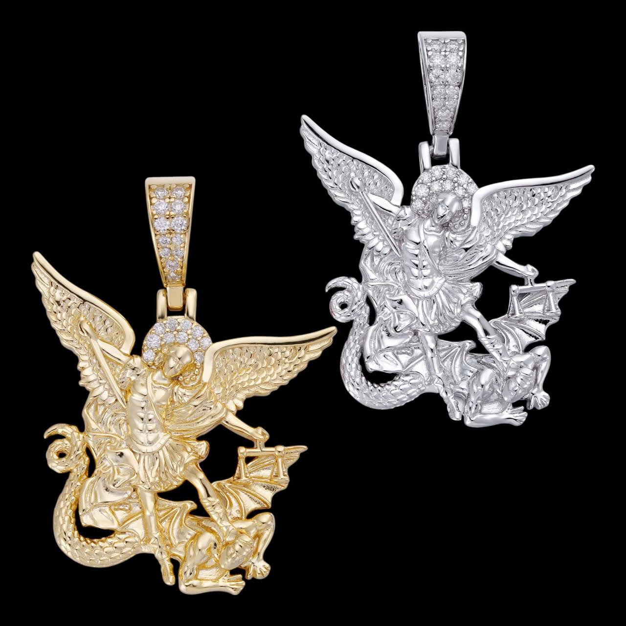 0.17ct Real DIAMOND Saint Michael Archangel Slaying Dragon Pendant - 14k Yellow Or White Gold - Small 1.33"