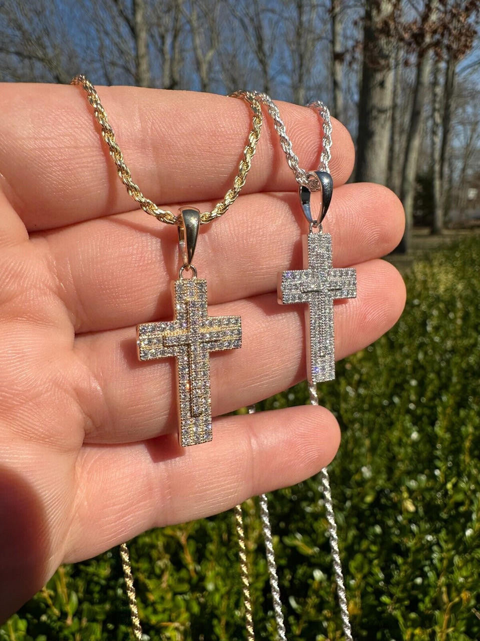 0.89ct Real DIAMOND Miami Iced Hip Hip Cross Pendant - 14k Gold Vermeil Or 925 Silver - Small 1"