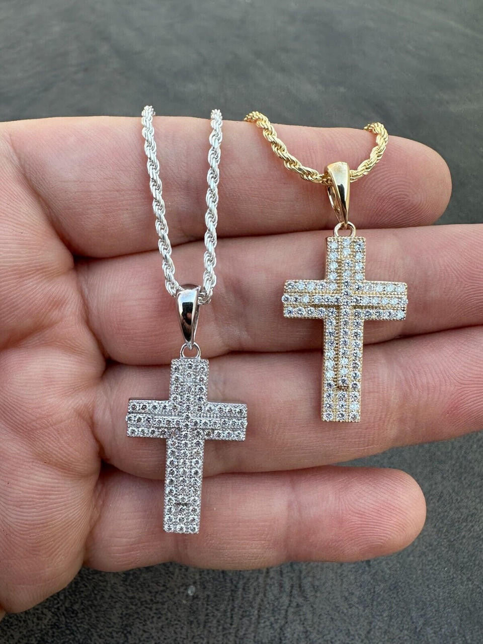 0.89ct Real DIAMOND Miami Iced Hip Hip Cross Pendant - 14k Gold Vermeil Or 925 Silver - Small 1"