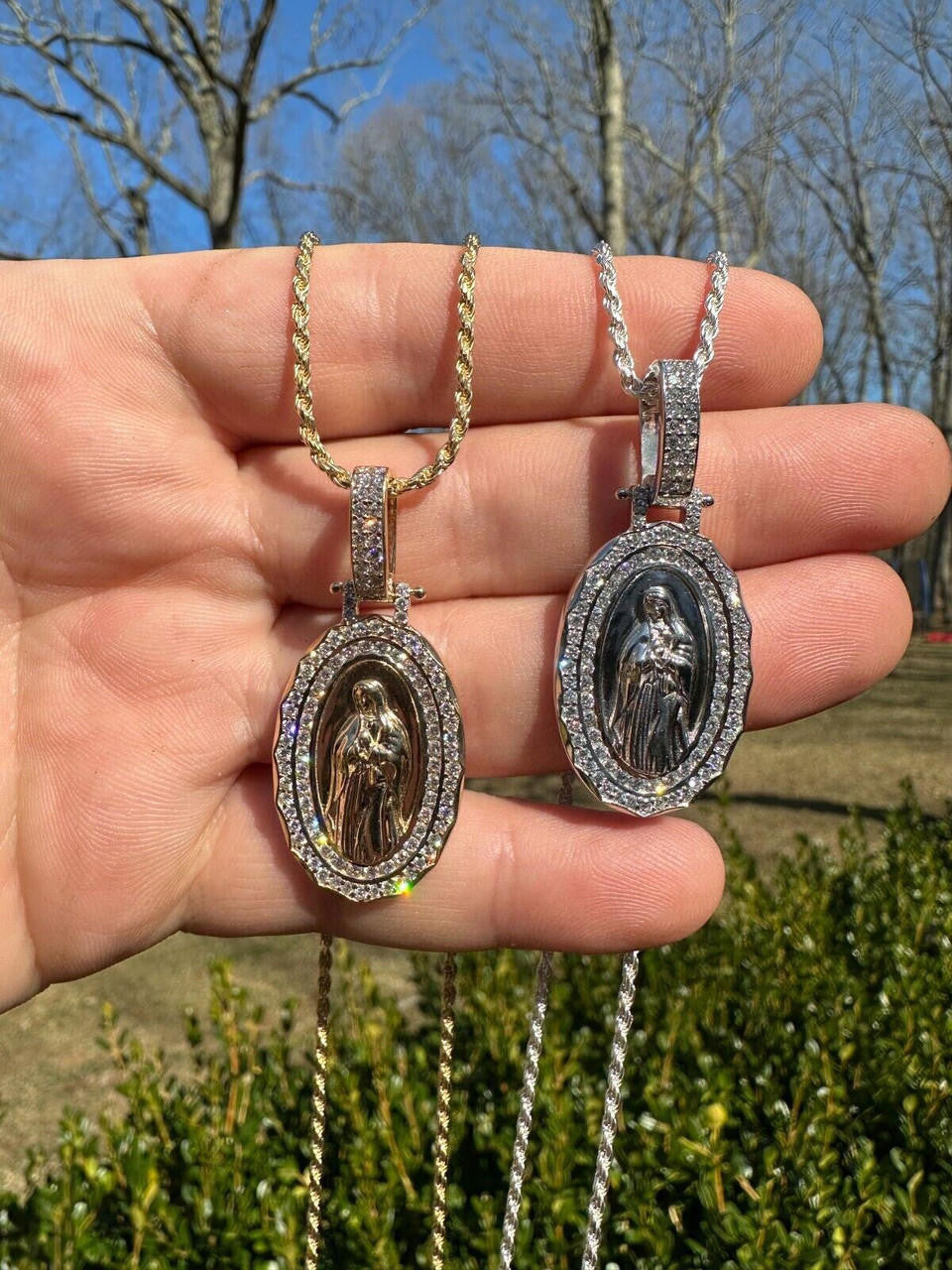 1.4ct Real Diamond Virgin Mary Pendant Solid 14k Gold Necklace Medallion Pendant