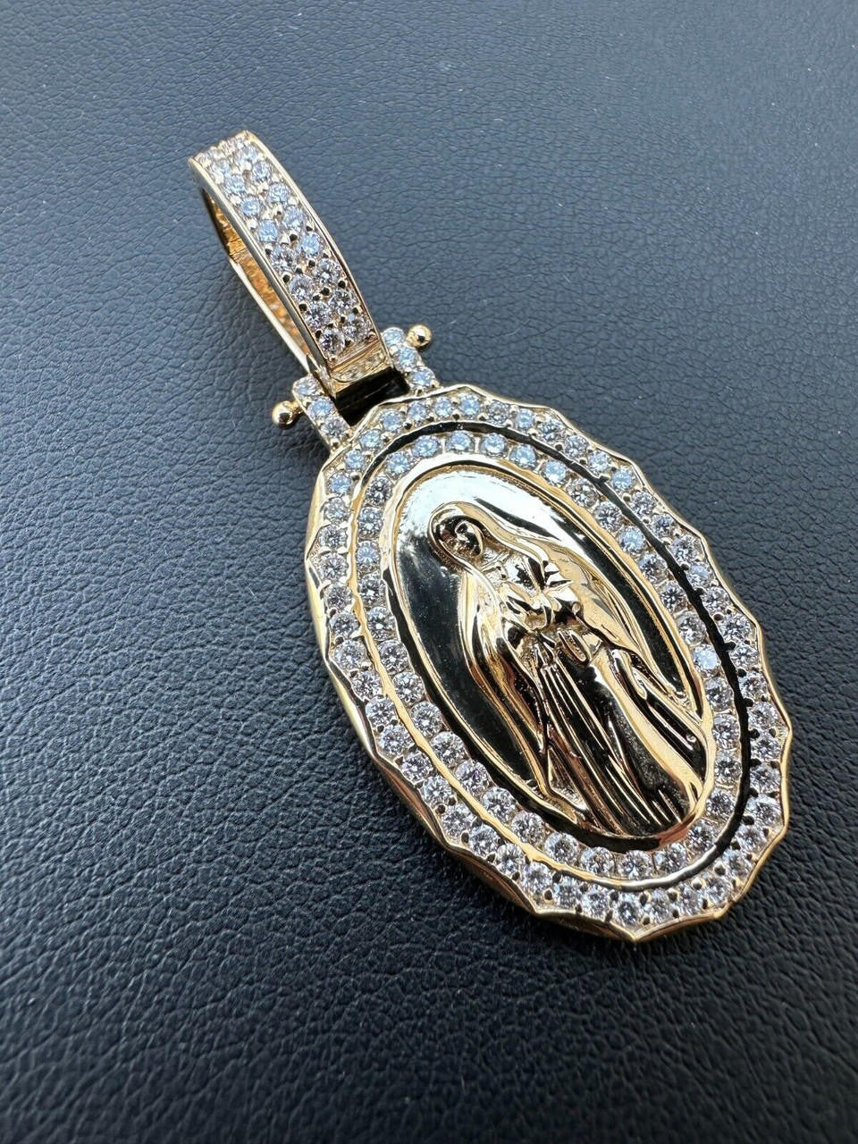 1.4ct Real Diamond Virgin Mary Pendant Solid 14k Gold Necklace Medallion Pendant