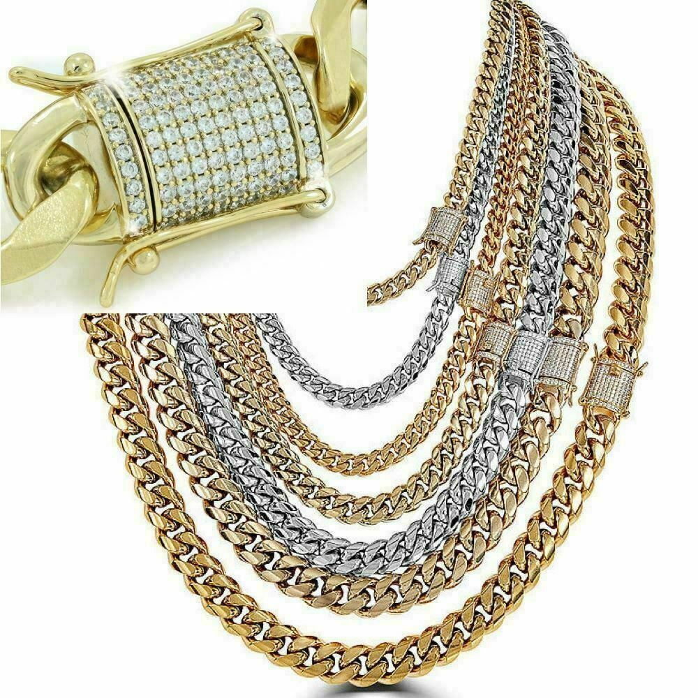 14K-18K Gold Plated Stainless Steel Cuban Link Chain W. 1ct Diamond Clasp