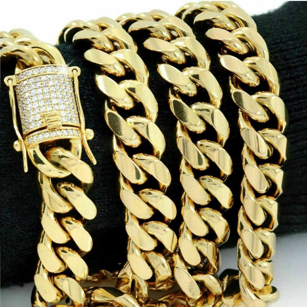14K-18K Gold Plated Stainless Steel Cuban Link Chain W. 1ct Diamond Clasp