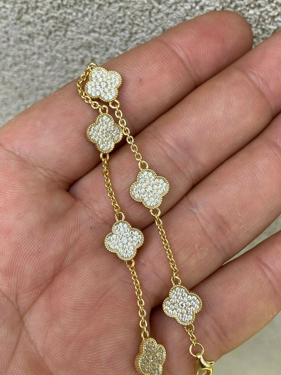 14k Gold Over Solid 925 Sterling Silver Four Leaf Clover 6 Motif Bracelet Ladies