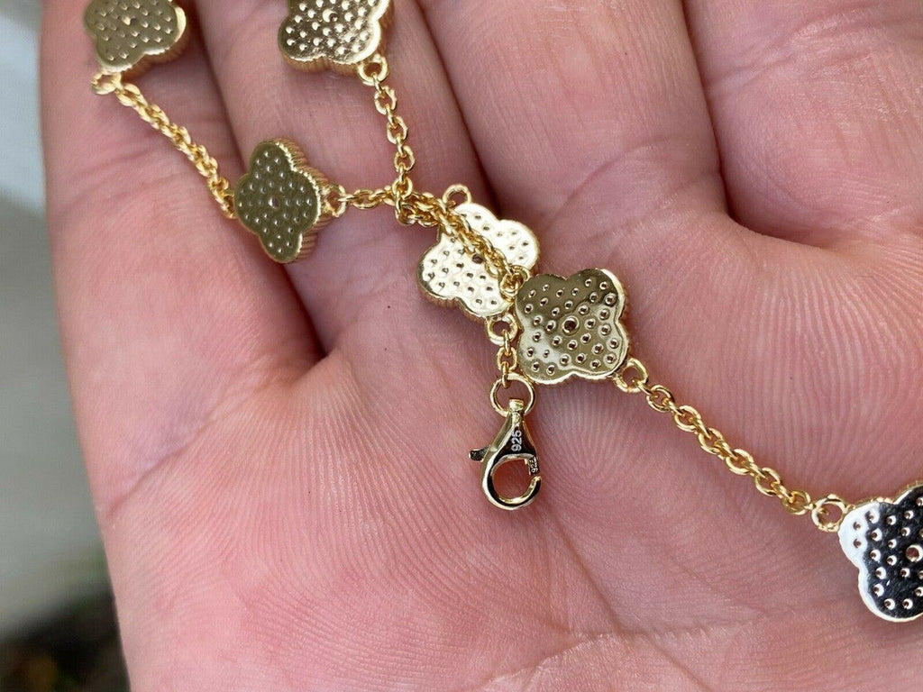 14k Gold Over Solid 925 Sterling Silver Four Leaf Clover 6 Motif Bracelet Ladies