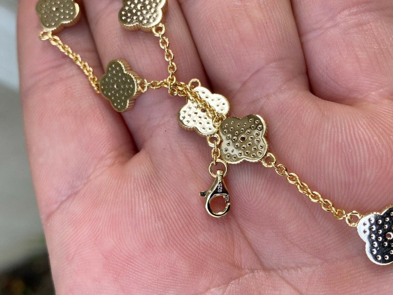 14k Gold Over Solid 925 Sterling Silver Four Leaf Clover 6 Motif Bracelet Ladies