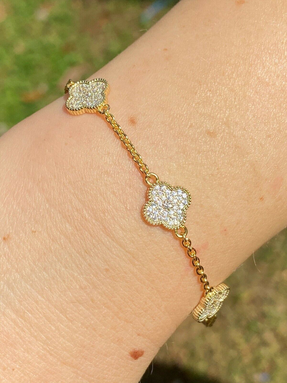 14k Gold Over Solid 925 Sterling Silver Four Leaf Clover 6 Motif Bracelet Ladies