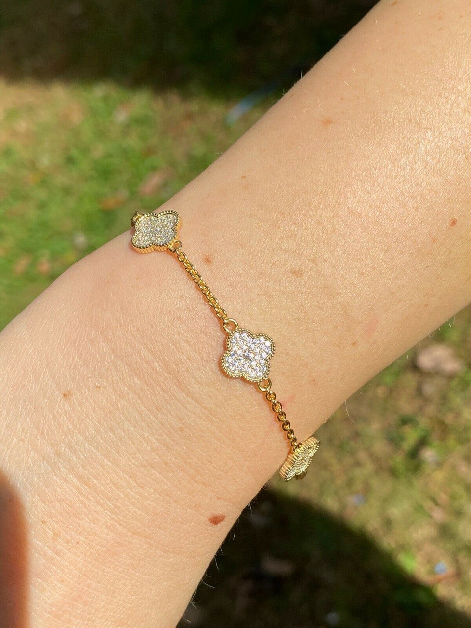 14k Gold Over Solid 925 Sterling Silver Four Leaf Clover 6 Motif Bracelet Ladies