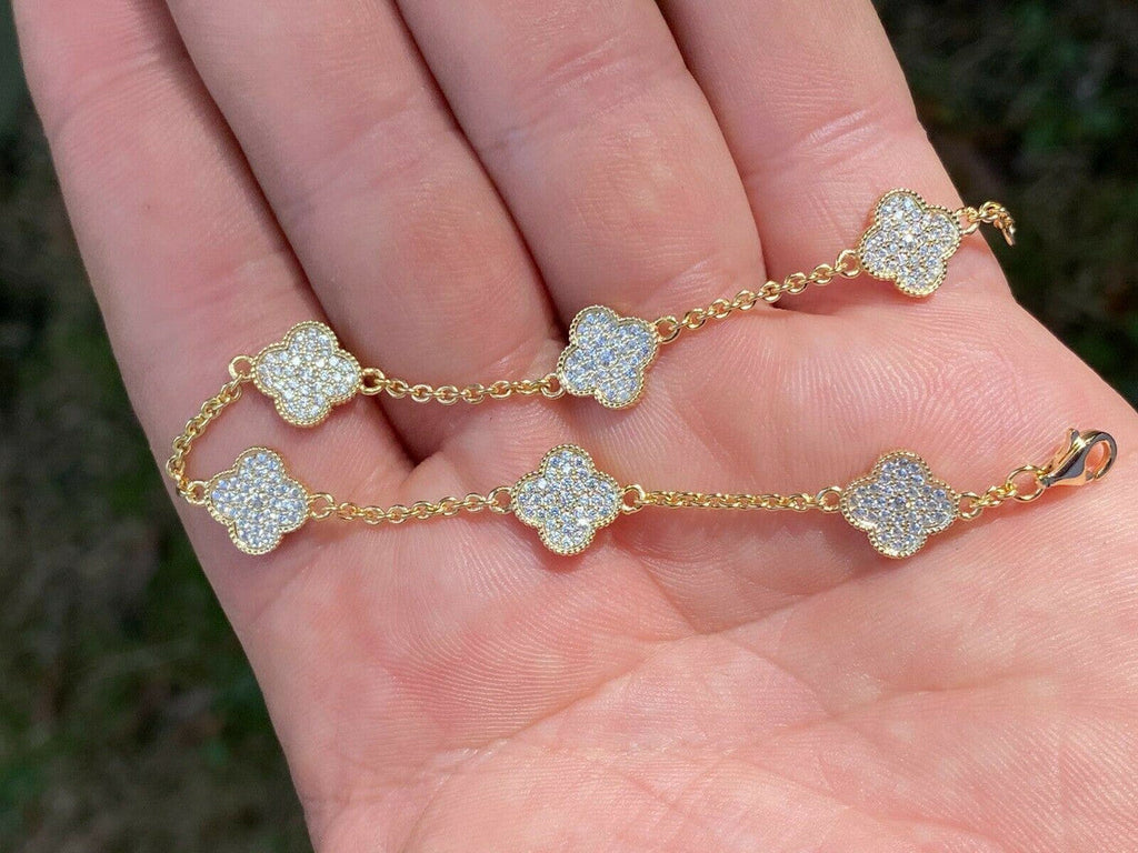 14k Gold Over Solid 925 Sterling Silver Four Leaf Clover 6 Motif Bracelet Ladies