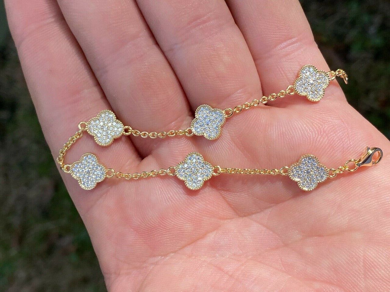 14k Gold Over Solid 925 Sterling Silver Four Leaf Clover 6 Motif Bracelet Ladies