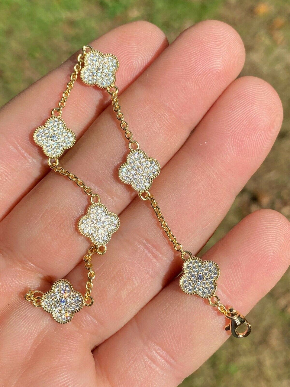 14k Gold Over Solid 925 Sterling Silver Four Leaf Clover 6 Motif Bracelet Ladies