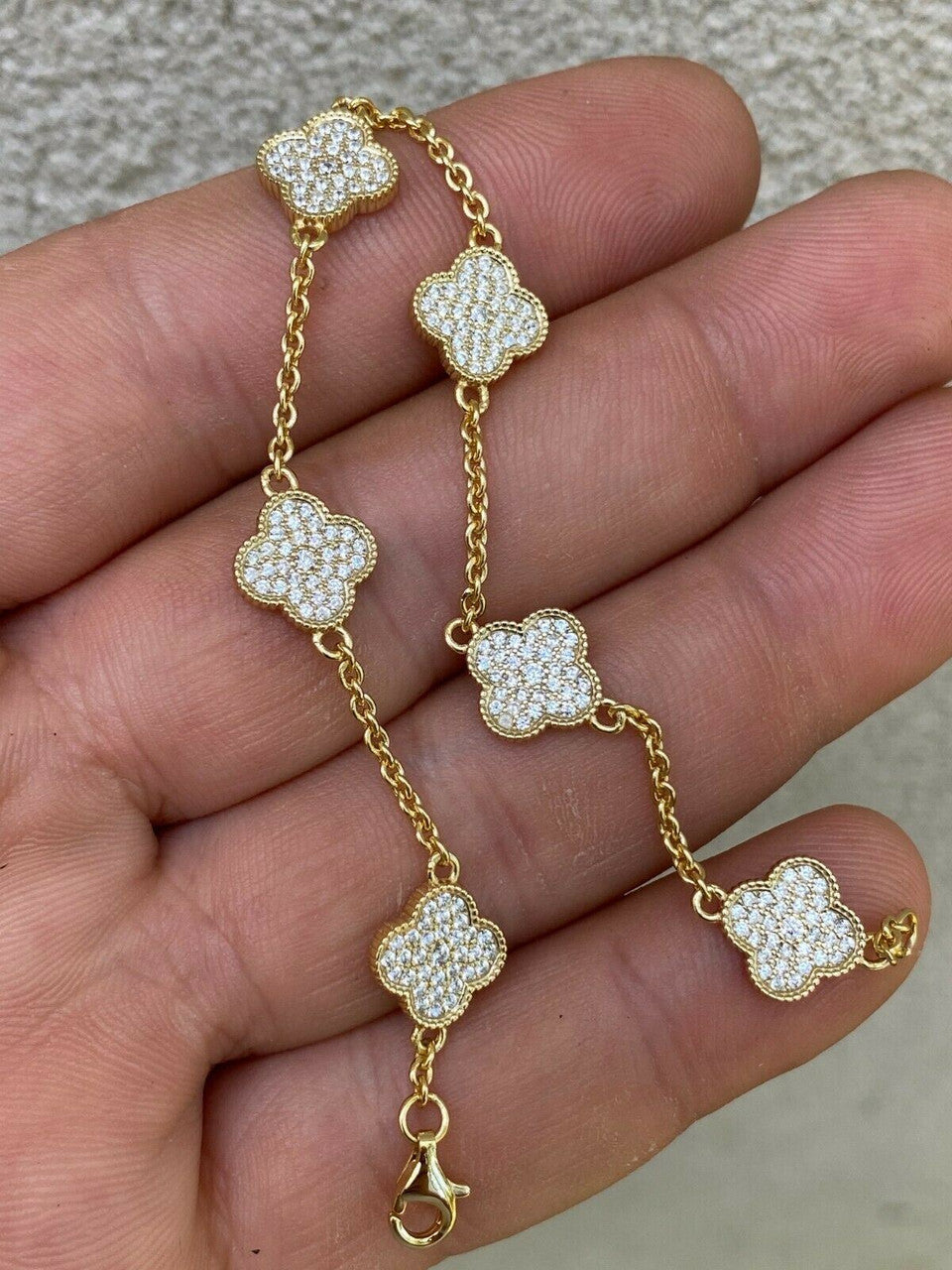 14k Gold Over Solid 925 Sterling Silver Four Leaf Clover 6 Motif Bracelet Ladies