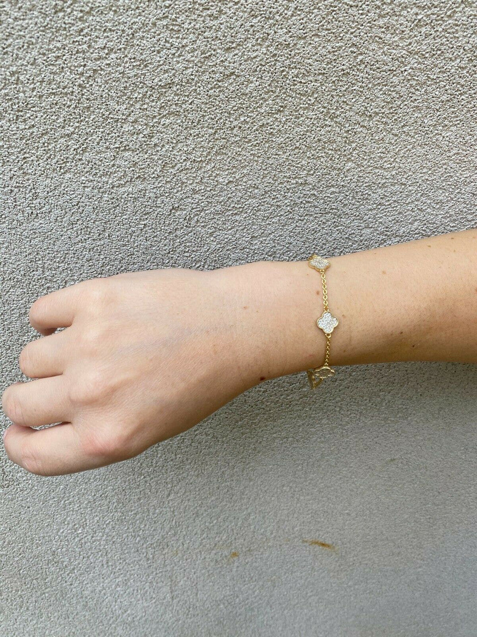 14k Gold Over Solid 925 Sterling Silver Four Leaf Clover 6 Motif Bracelet Ladies