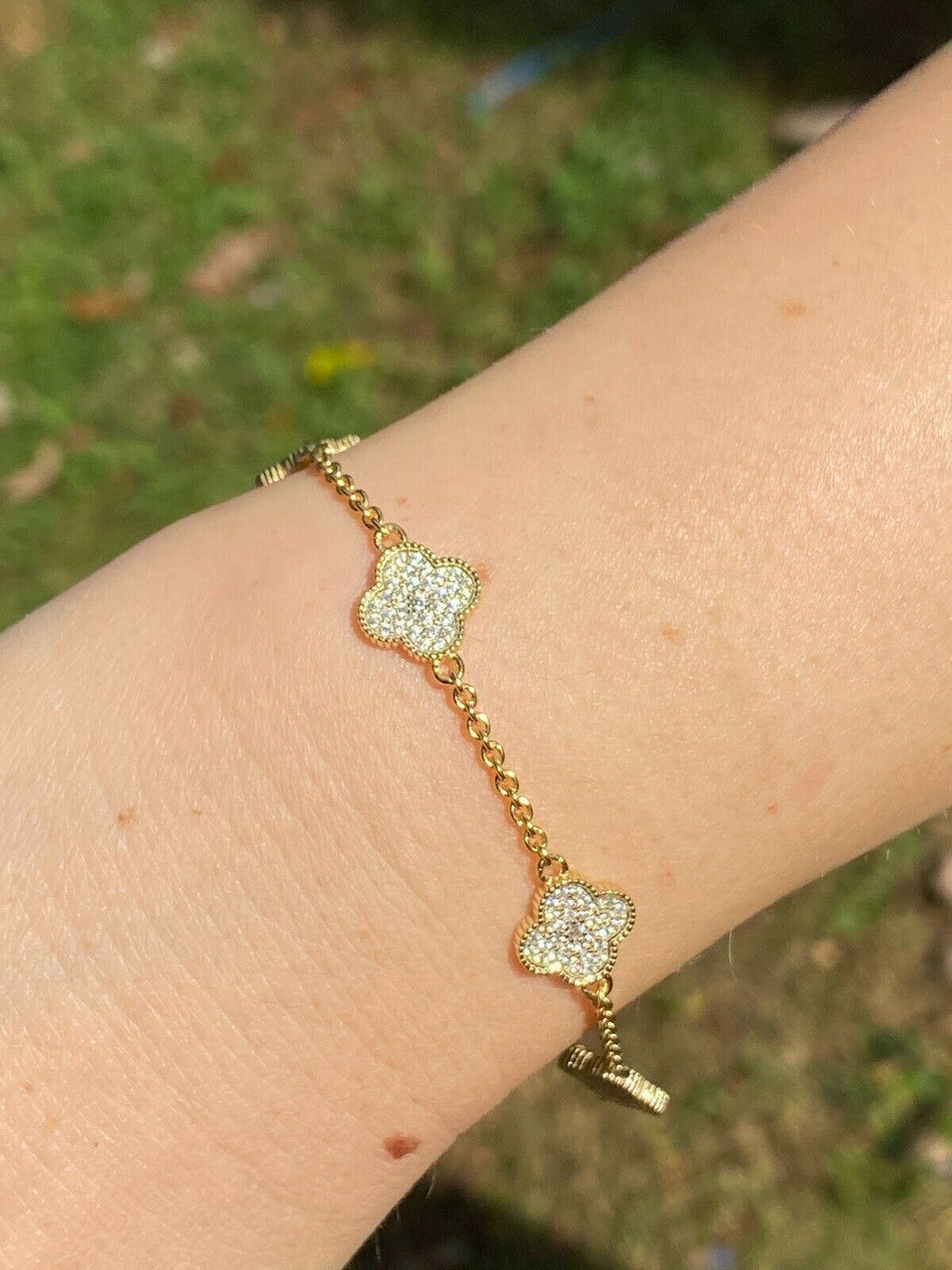 14k Gold Over Solid 925 Sterling Silver Four Leaf Clover 6 Motif Bracelet Ladies