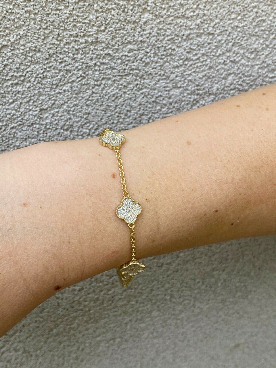 14k Gold Over Solid 925 Sterling Silver Four Leaf Clover 6 Motif Bracelet Ladies