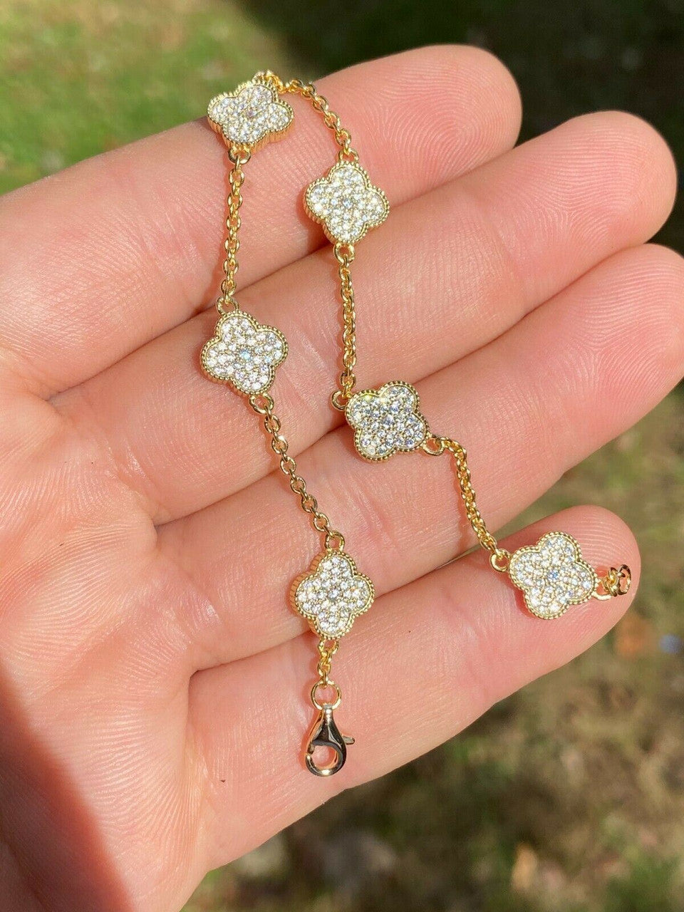 14k Gold Over Solid 925 Sterling Silver Four Leaf Clover 6 Motif Bracelet Ladies