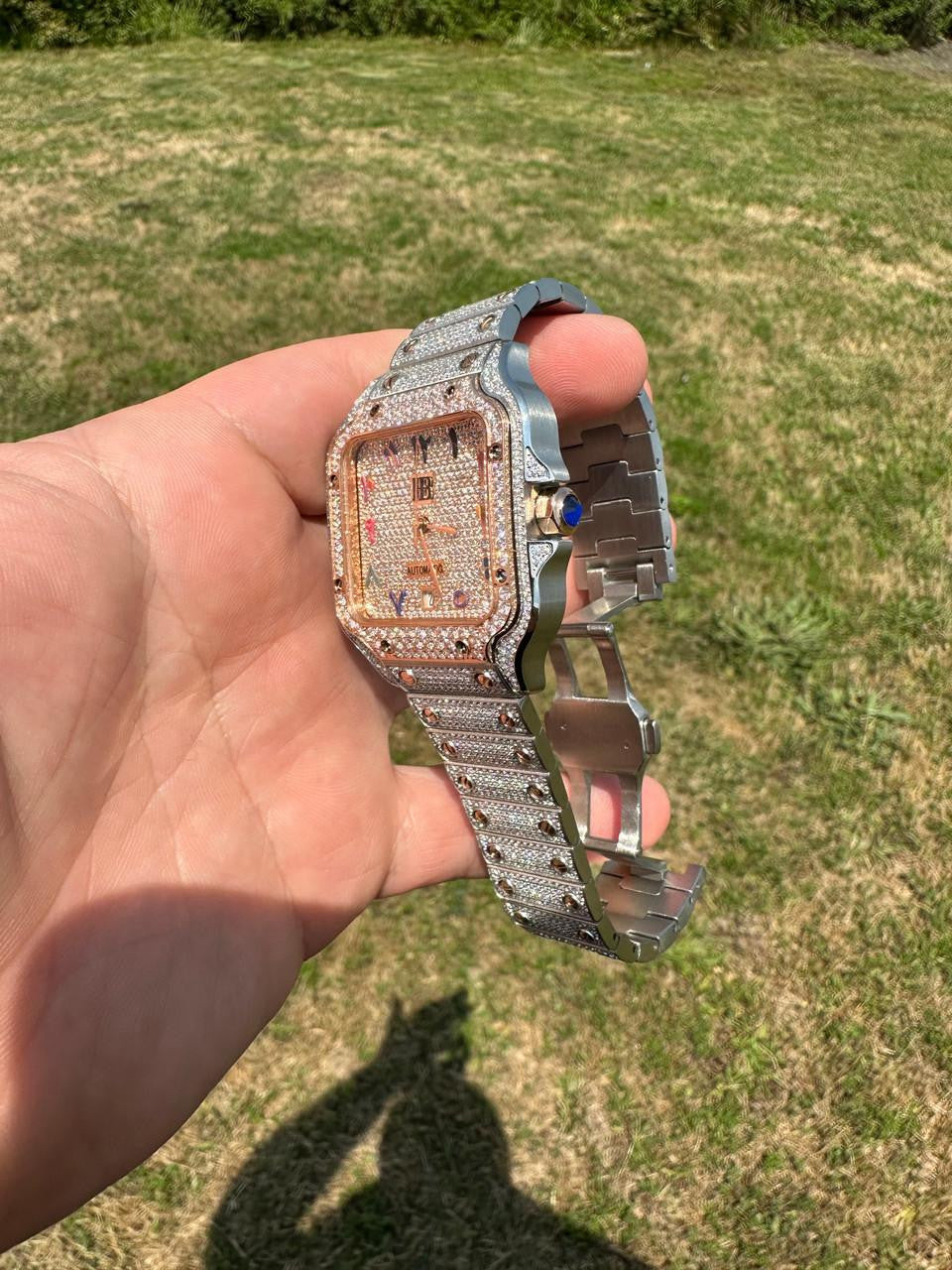 14k Rose Gold & Stainless Steel Real Mens Watch Iced Diamond Hip Hop Arabic Dial
