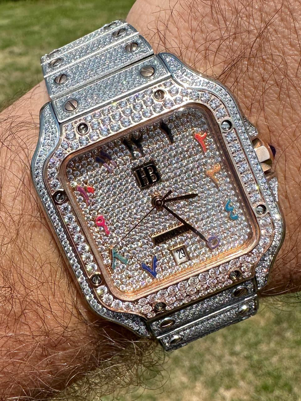 14k Rose Gold & Stainless Steel Real Mens Watch Iced Diamond Hip Hop Arabic Dial