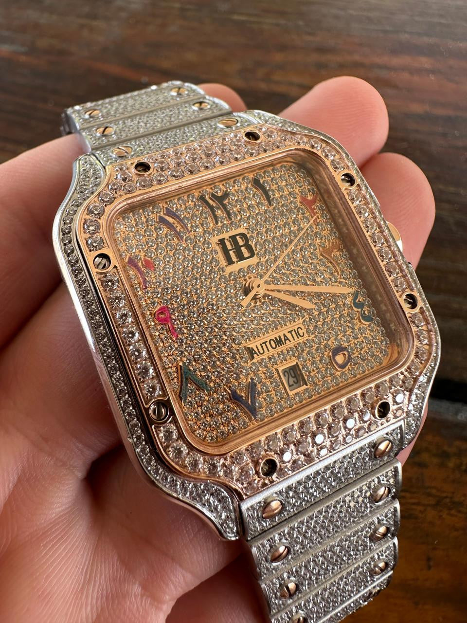 14k Rose Gold & Stainless Steel Real Mens Watch Iced Diamond Hip Hop Arabic Dial