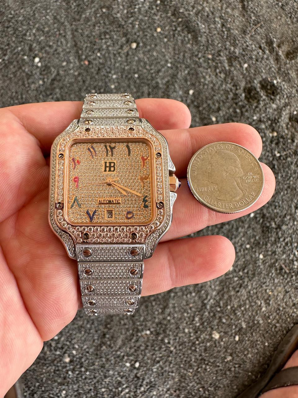 14k Rose Gold & Stainless Steel Real Mens Watch Iced Diamond Hip Hop Arabic Dial