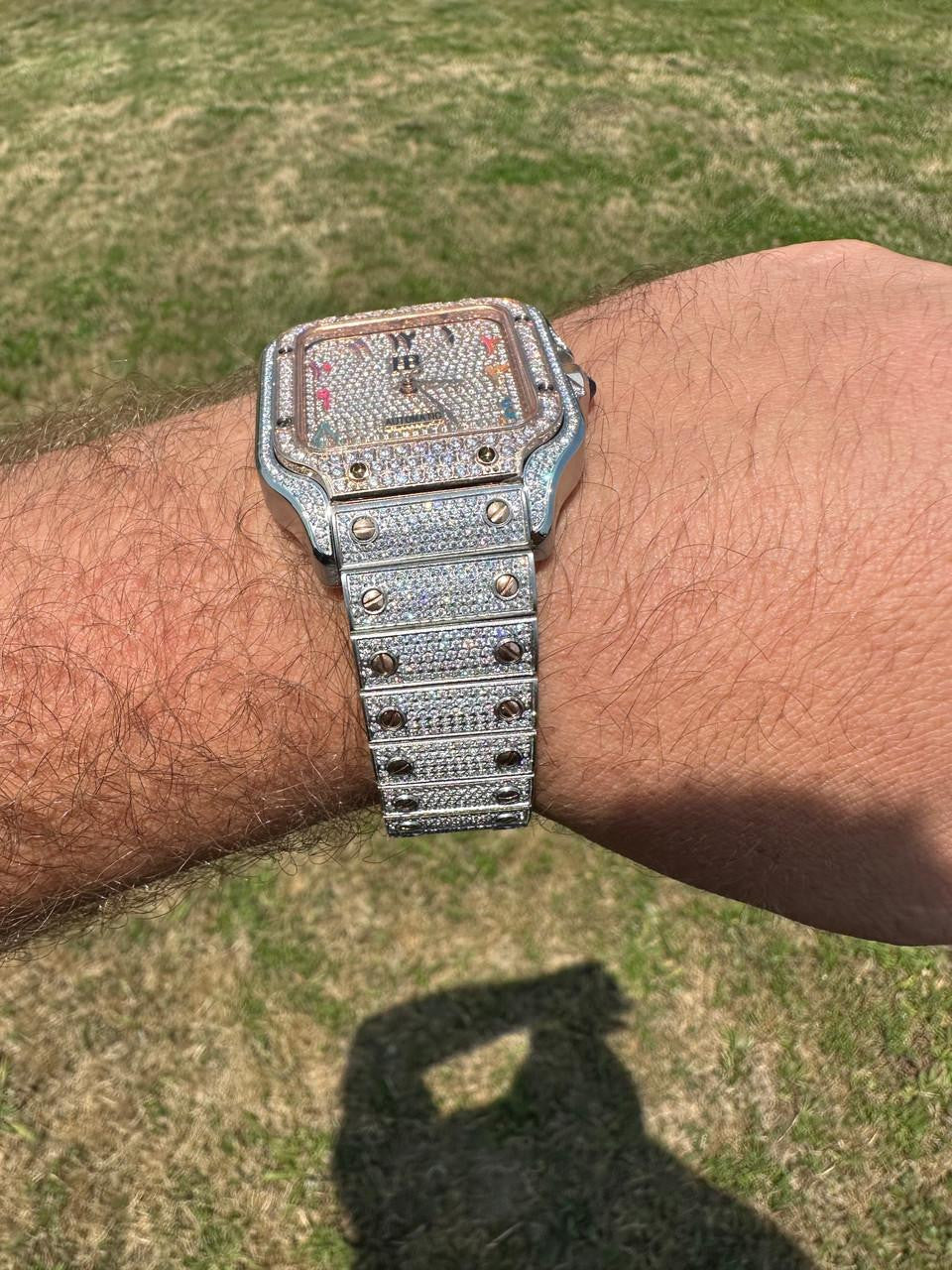 14k Rose Gold & Stainless Steel Real Mens Watch Iced Diamond Hip Hop Arabic Dial