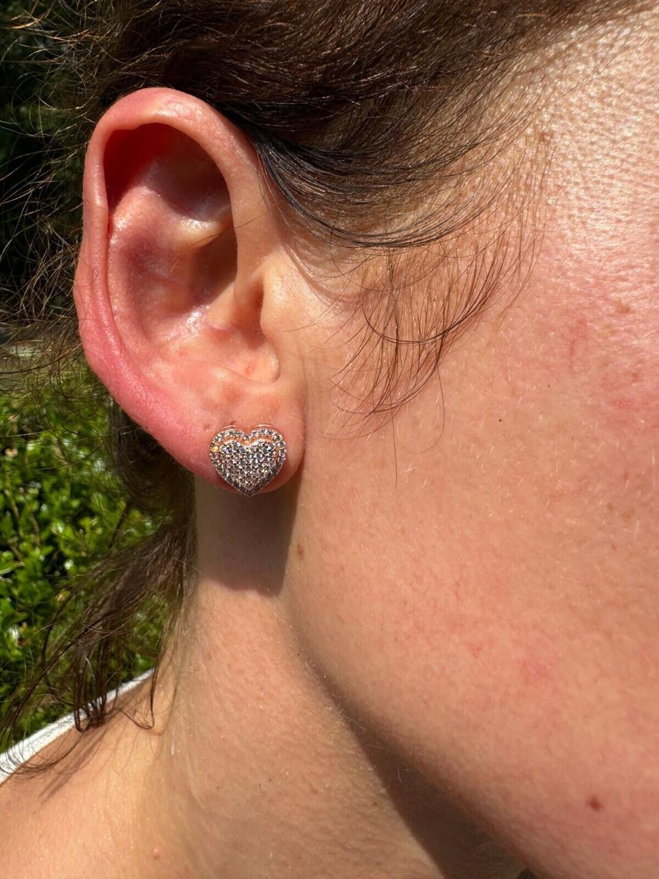 3D Heart Classic Iced Out Earrings - 14k Rose Gold Vermeil 925 Silver - CZ Stones - 10.5mm
