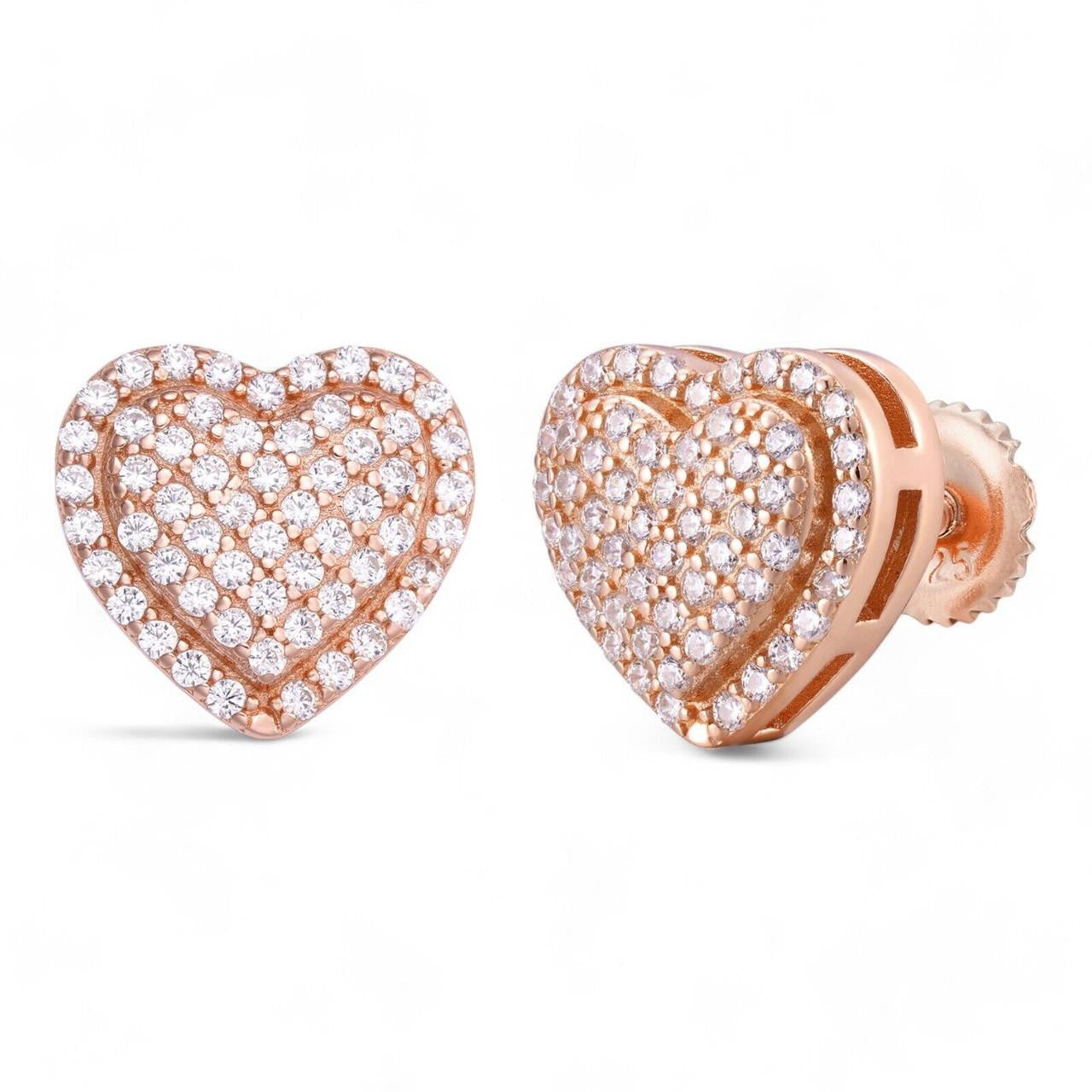 3D Heart Classic Iced Out Earrings - 14k Rose Gold Vermeil 925 Silver - CZ Stones - 10.5mm